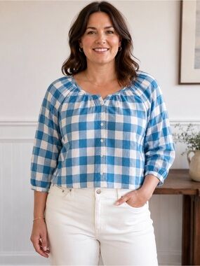 Blue White Gingham Button-Front Blouse Anthropologie Holding Horse style size 10